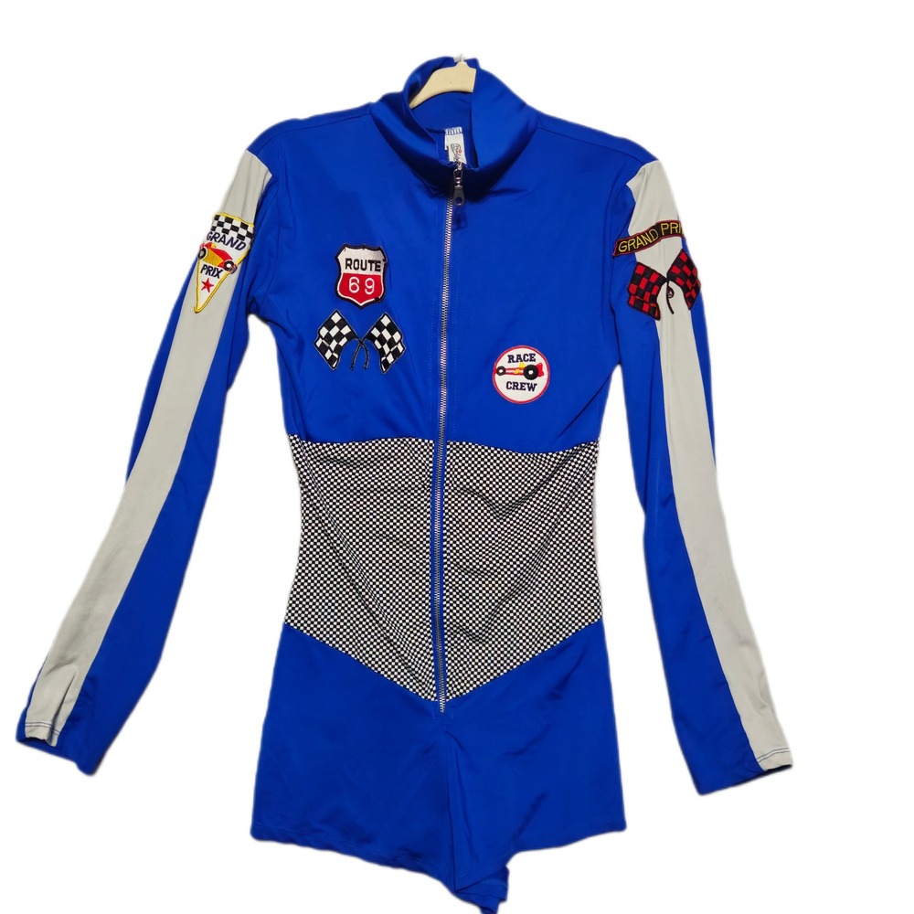 Forplay Race Car Driver Romper Women M/L Blue Excellent Graphic Patch Mock Neck